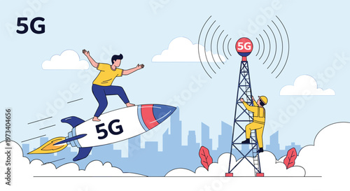 Futuristic 5G technology concept featuring a man riding a rocket past a high speed communication tower in a city environment.