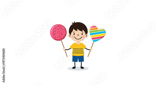 Smiling young boy holding two giant colorful lollipops in round and heart shapes showing childhood happiness and sweet treats.