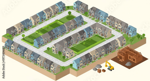 Isometric model of suburban residential housing development.