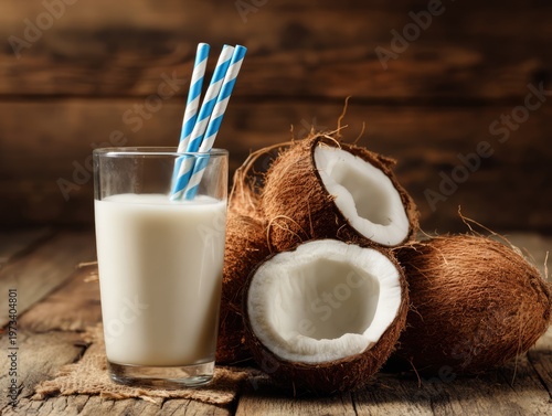 Fresh Coconut Milk in a Glass with Whole and Halved Coconuts on Rustic Wood.