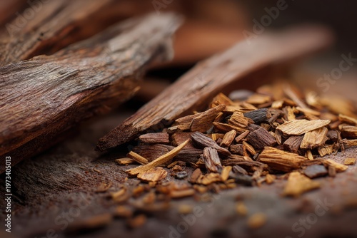 Close-up of Natural Wood Chips and Bark Pieces on a Textured Surface.