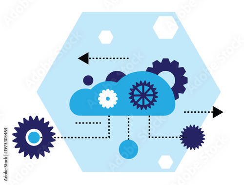 Computer Cloud Storage with Gear and Line Elements. Technology and internet, data backup and safety vector art