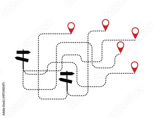 Entangled Road Travel Direction with Signs and Location Markers. Traveling and route planning vector art
