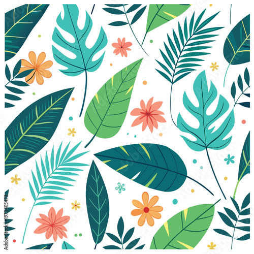 A vibrant and colorful vector illustration of tropical leaves and flowers on a white background