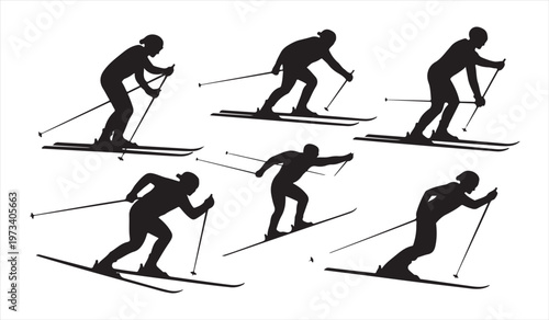 Cross country skiing silhouettes set with skier motion winter sport illustration