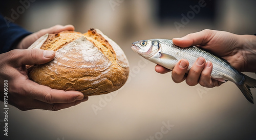 Two Hands Exchanging Fresh Bread And Fish Symbolizing Barter, Food Trade And Sharing