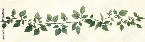 long horizontal green vine with delicate leaves on a soft cream background conveying calm natural elegance
