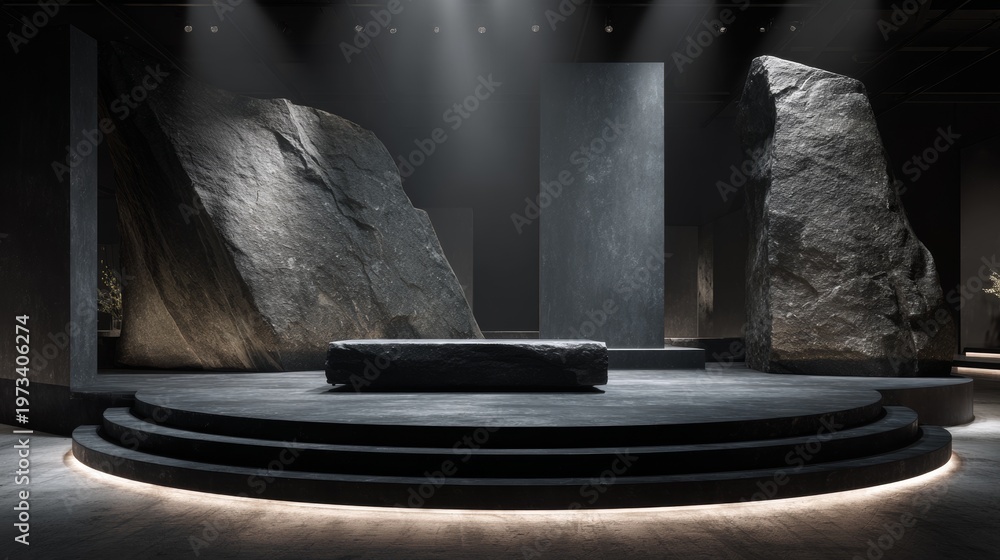 Obraz premium Dramatic stone stage set design with spotlight and modern ambiance
