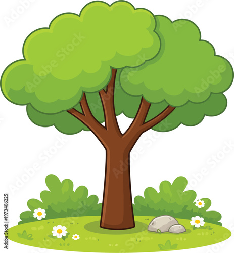 Cute Cartoon Tree on Green Grass with Flowers and a Rock