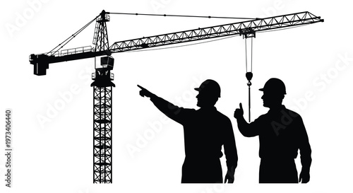 A black silhouette of a construction crane overlooks two workers pointing illustrating a building site scene silhouette high quality professional detailed