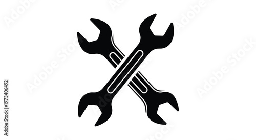 Two black wrenches are crossed against a white background forming a bold graphic image silhouette high quality professional detailed modern elegant