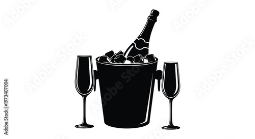 A celebratory scene featuring a champagne bottle ice bucket and two glasses in a striking silhouette high quality professional detailed modern