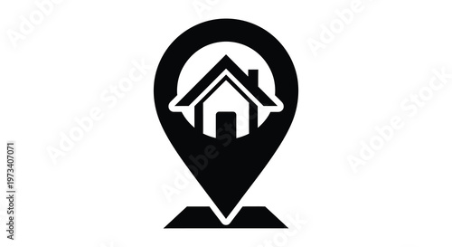 A black marker style silhouette of a house inside a location pin representing home finding and property location silhouette high quality professional