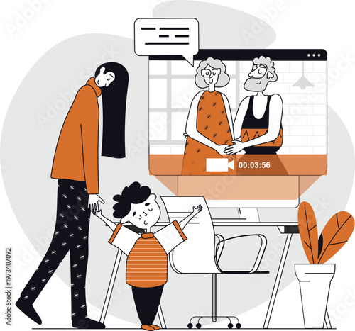 A virtual meeting with family while children engage in different activities nearby