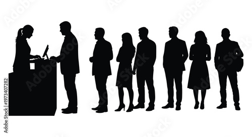A queue of people waits at a reception desk with a clerk attending to the first individual a striking silhouette