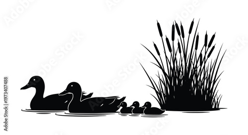 A mother duck leads her ducklings across water framed by tall reeds creating a striking silhouette high quality professional detailed modern