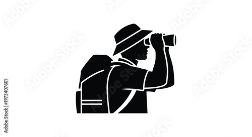 A dark silhouette of a person with binoculars and a backpack seemingly observing the landscape silhouette high quality professional detailed modern