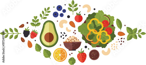 A vibrant arrangement of various fruits, vegetables, and nuts on display in a healthy food selection.