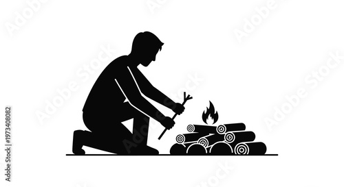A man kneels by a small campfire roasting a marshmallow on a stick presented in stark silhouette high quality professional detailed