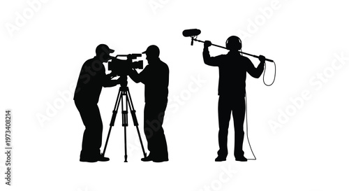 A film crew operates a camera and boom microphone during an outdoor shoot captured in a striking silhouette high quality professional