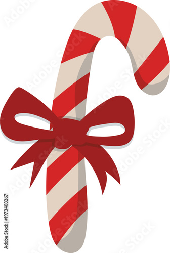 A festive candy cane tied with a decorative red ribbon bow.