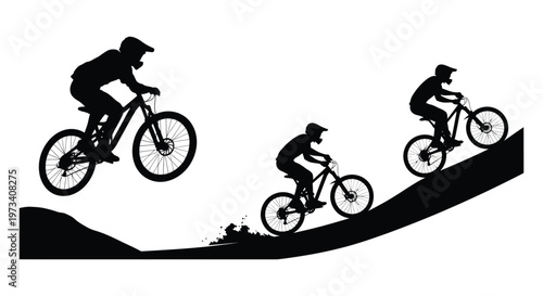 Mountain bikers riding uphill on a slope depicted in a striking black silhouette high quality professional detailed modern elegant stylish clean