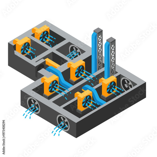Isometric Data Center Cooling System Illustration for Server Rooms.
