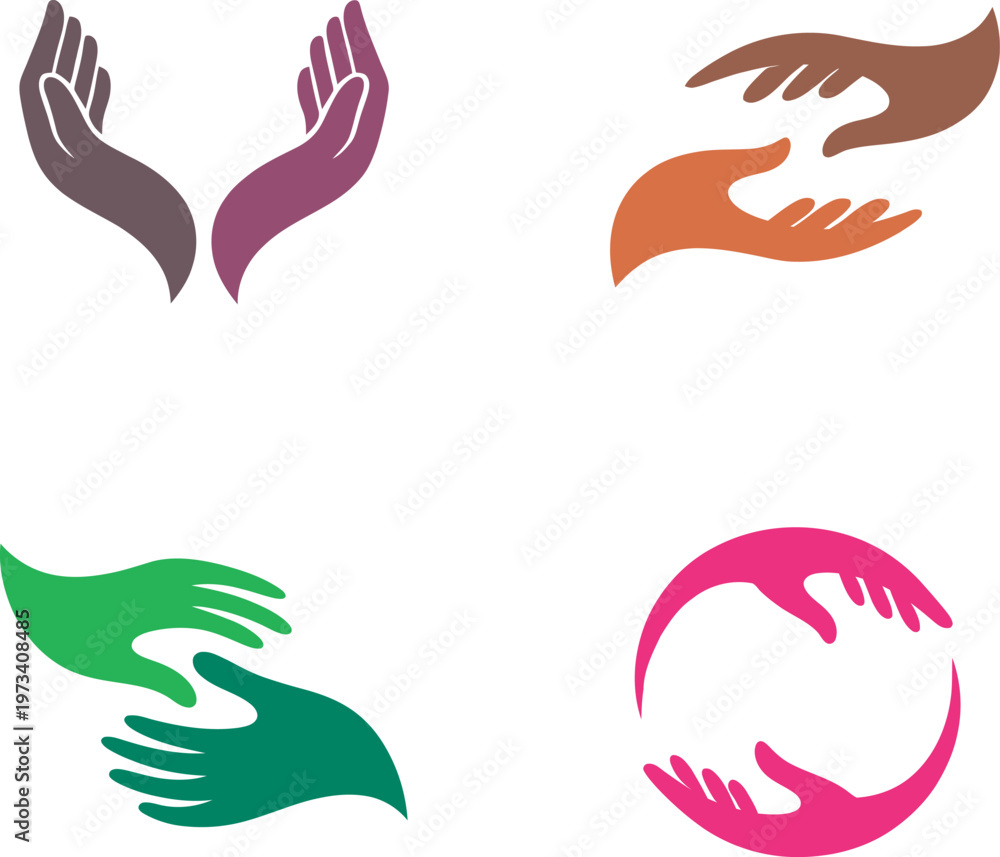 Obraz premium Collection of helping hands logos representing care, support, protection, and teamwork. Modern flat vector designs with clean and minimal style. Ideal for charity organizations, healthcare, social ser