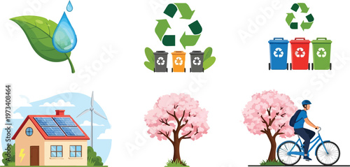 A person rides a bicycle past a house with solar panels and recycling bins under blooming trees and a leaf with a water droplet.