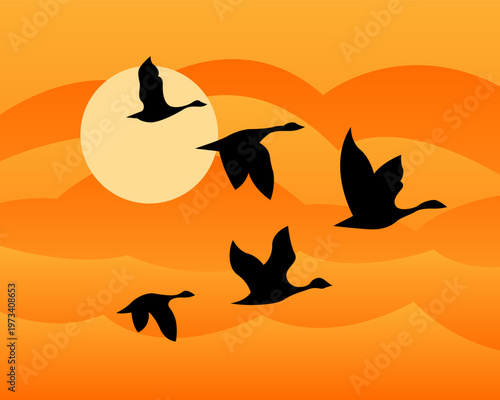 Silhouettes of geese soar against a warm, orange sunset. Soft waves of clouds swirl behind a glowing sun. Birds glide in graceful, fluid flight across the sky