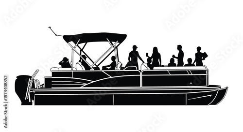 A black silhouette of a pontoon boat carrying several people enjoying a leisurely day on the water silhouette high quality