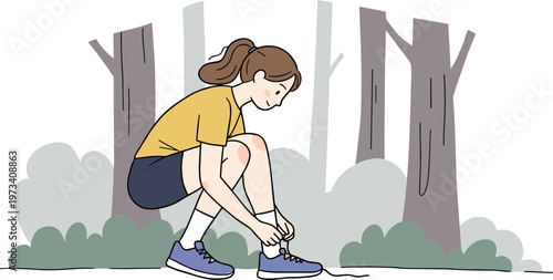 Young woman tying shoelaces on running shoes in a forest setting, hand drawn style with trees and bushes, isolated on a transparent background.