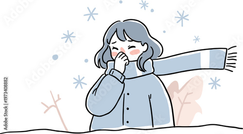 Woman in winter attire holding her nose while snow falls softly in a snowy outdoor setting with plants, isolated on a transparent background, hand drawn style