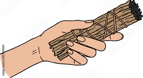 Hand holding a bundle of dried herbs for smudging ritual on a transparent background