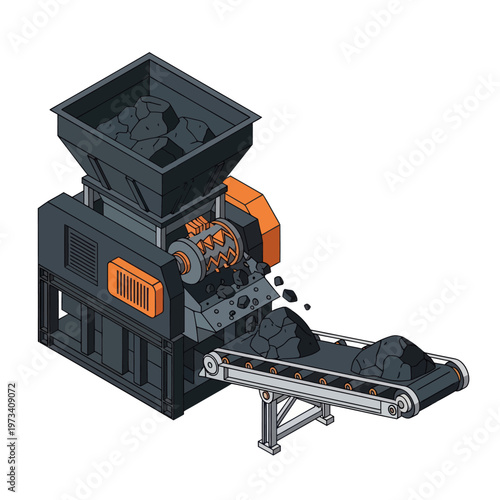 Isometric Coal Crusher Machine with Conveyor Belt Illustration.