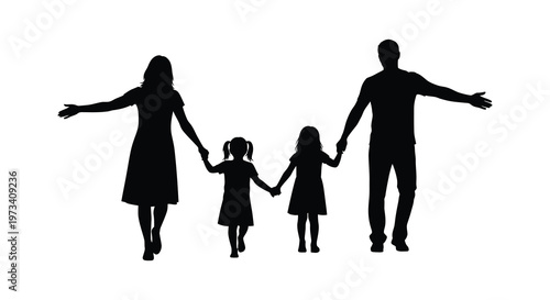 A family of four including two young daughters stands embracing with outstretched arms presented as a silhouette high quality professional detailed