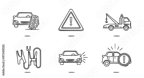 Emergency Roadside Vector Icons with Tow Truck and Warning Symbols