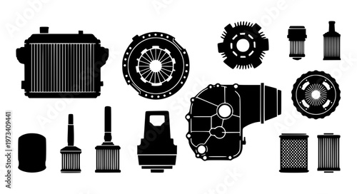 Car Parts Silhouette Vector Set with Radiator Gearbox and Filter