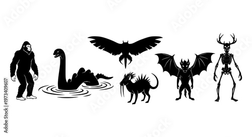 Cryptid Legends Silhouette Vector Set with Bigfoot Mothman and Nessie