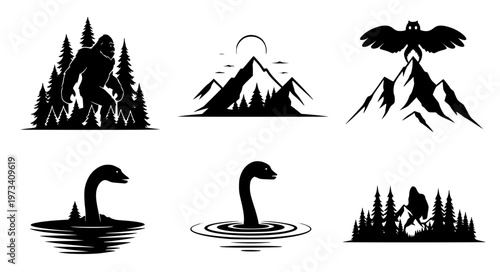 Cryptid Forest Scene Vector with Monster Silhouettes in Nature