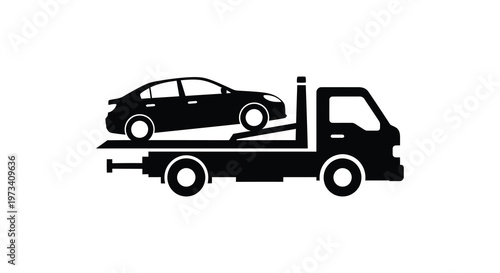 A black silhouette depicts a car being transported on the bed of a tow truck illustrating roadside assistance silhouette high quality
