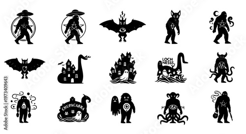 Cryptid Paranormal Vector Set with UFO Ghost and Haunted Symbols