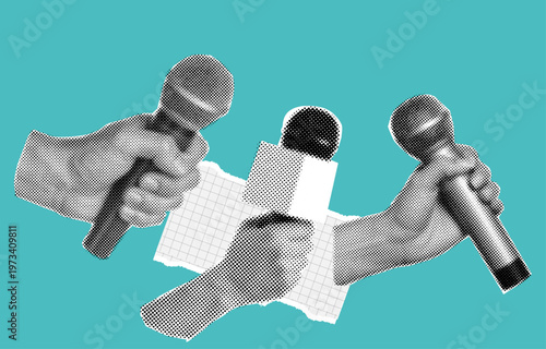 Retro halftone collage  Journalism and Media Communication Collage with Microphones  on Turquoise Background