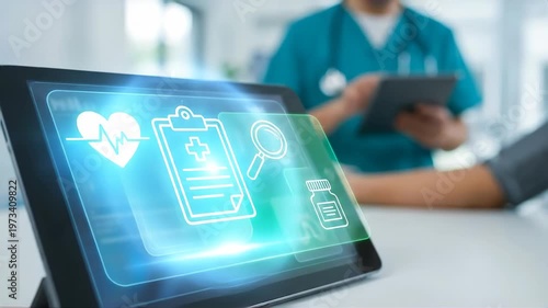 Digital health records in use at a clinic with medical staff interacting and accessing patient information