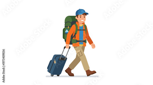 Smiling Man Traveler with Backpack and Suitcase Walking Confidently, Ready for Adventure on Isolated White Background