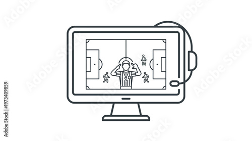 Outline Icon of Computer Monitor with Headset Showing Live Football Match Streaming on Isolated White Background