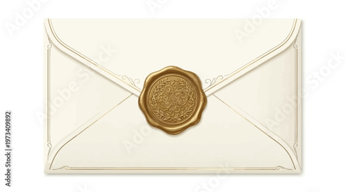 Classic Envelope with Gold Wax Seal, Isolated White Background