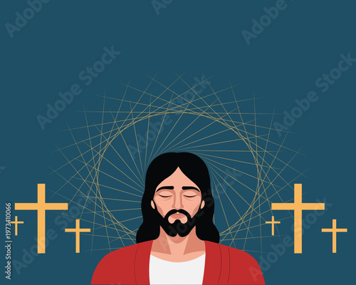 Jesus Christ on the cross vector illustration with religious symbols and spiritual faith elements