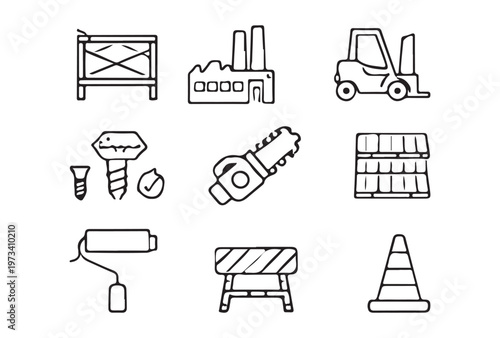 Labor and Worker Tools Icon Set – Minimalist Black and White Labor Day Icon Pack Editable EPS