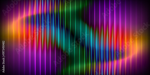 abstract vibrant vertical stripes of light. Neon ripple glass gradient in magenta, ember orange on deep midnight. Sharp ribbed distortion cover template